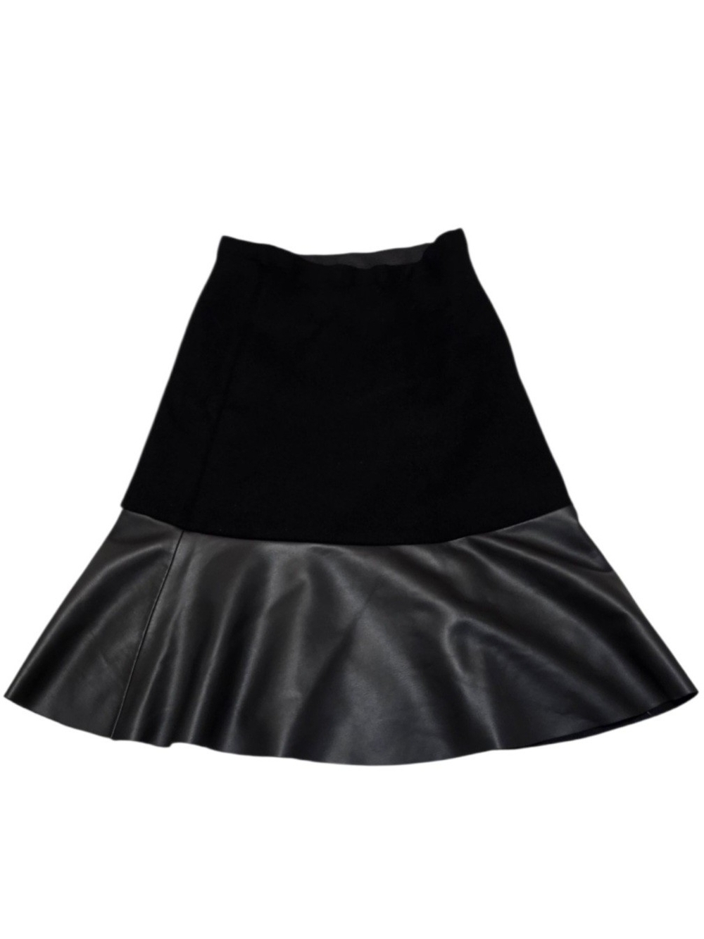 Sioni Milano Black Mixed Media Knit & Faux Leather Flounce Skirt Women Size S